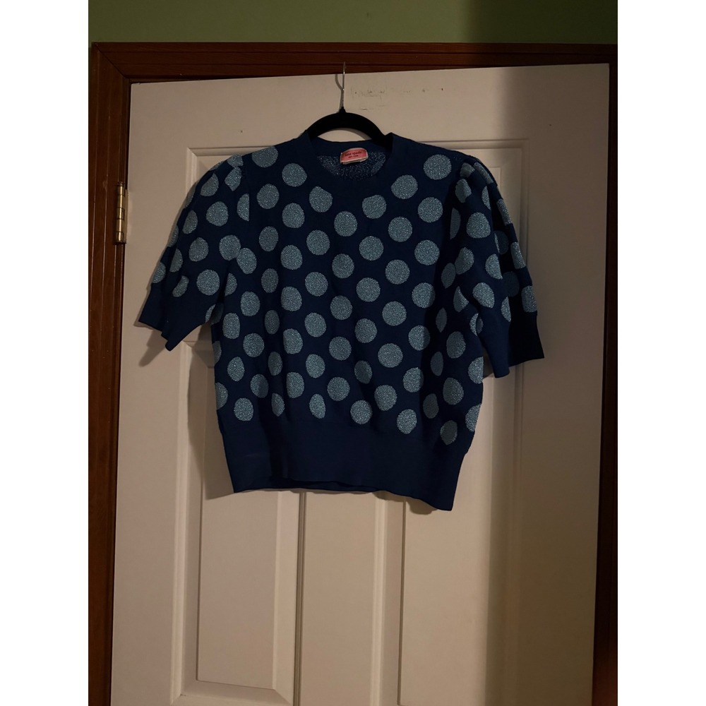 Kate Spade New York Womens XL Blue Metallic Polka Dot Short Sleeve Sweater Top